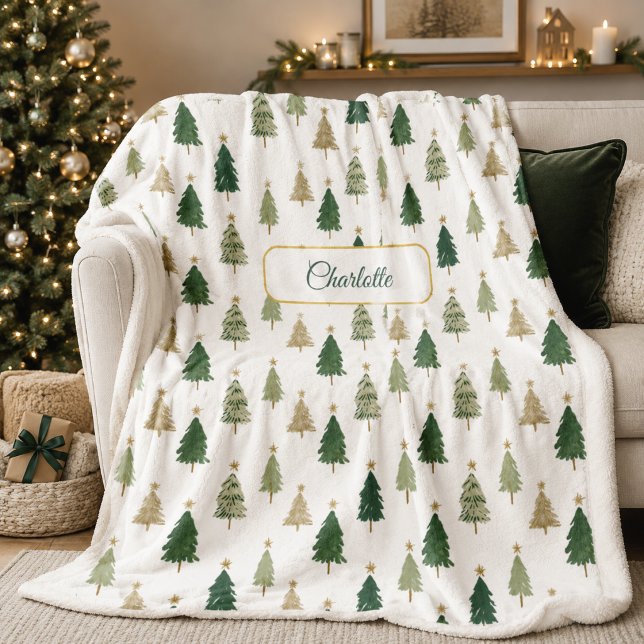 Modern Minimalist Personalized Christmas Tree  Fleece Blanket (Creator Uploaded)