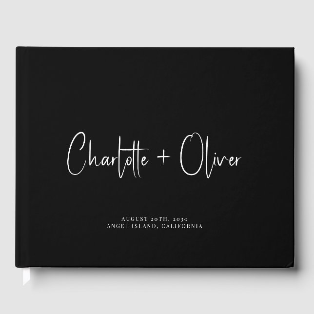 Modern Minimalist Personalized Dusty Black Wedding Guest Book (Front)