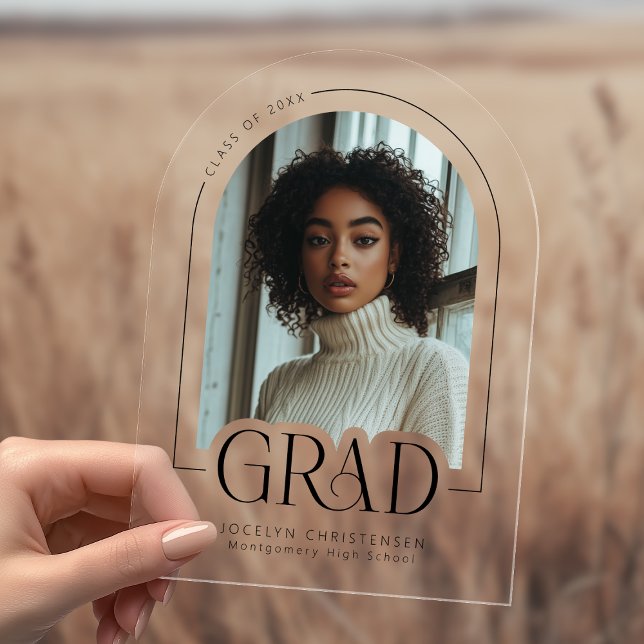 Modern Minimalist Photo Acrylic Grad Announcement (5" x 7" clear acrylic invitation with arch corner style)
