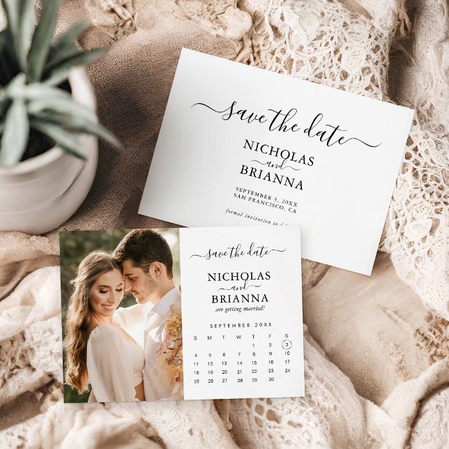 Modern Minimalist Photo Calendar White Wedding Save The Date (Creator Uploaded)