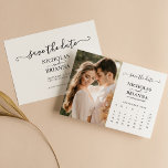 Modern Minimalist Photo Calendar White Wedding Save The Date<br><div class="desc">Modern Minimalist Photo Calendar White Wedding Save the Date. Easily personalize by replacing each info. Please upload a portrait/vertical photo. Move the circle by clicking the link Customize further. Make sure to check the preview before adding to cart. (Sample Photo by Jonathan Borba from Pexels)</div>