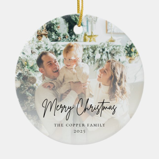 Modern Minimalist Photo Christmas Ceramic Ornament (Front)