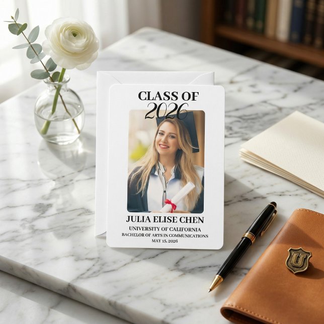 Modern Minimalist Photo Graduation Black Script  Announcement (Modern Minimalist Photo Graduation Black Script Class of 2026 Elegant Professional)