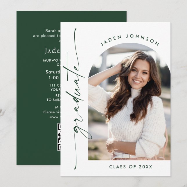 Modern Minimalist PHOTO Graduation Party QR code Invitation (Front/Back)