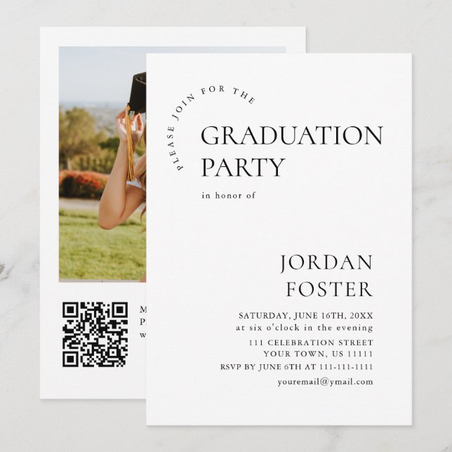 Modern Minimalist PHOTO Graduation Party QR code Invitation (Front/Back)
