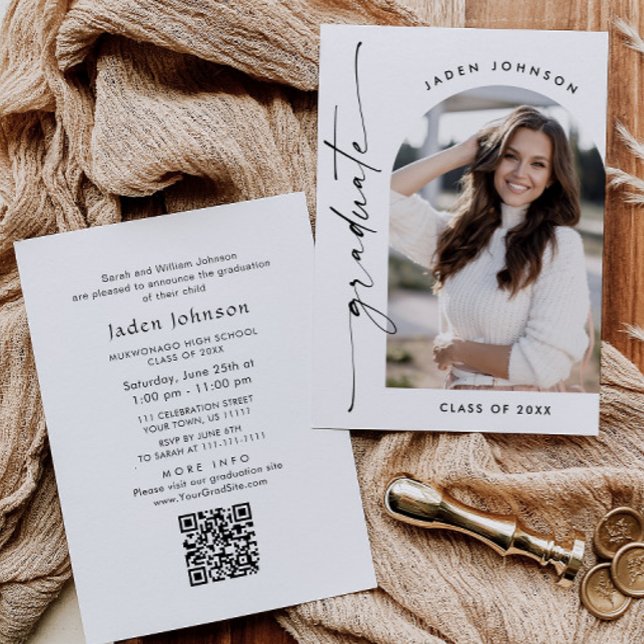 Modern Minimalist PHOTO Graduation Party QR code Invitation (Creator Uploaded)