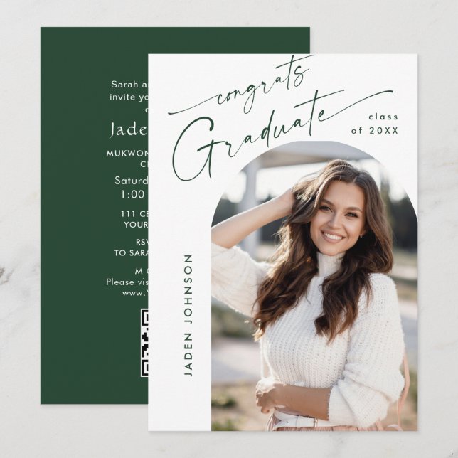 Modern Minimalist PHOTO Graduation Party QR code Invitation (Front/Back)