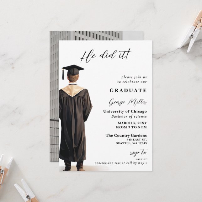 Modern Minimalist Photo he Did It Graduation Invitation (Front/Back In Situ)