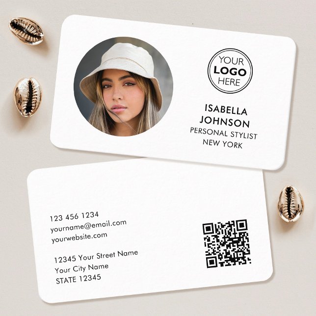 Modern Minimalist Photo Logo QR Code White Business Card (Creator Uploaded)