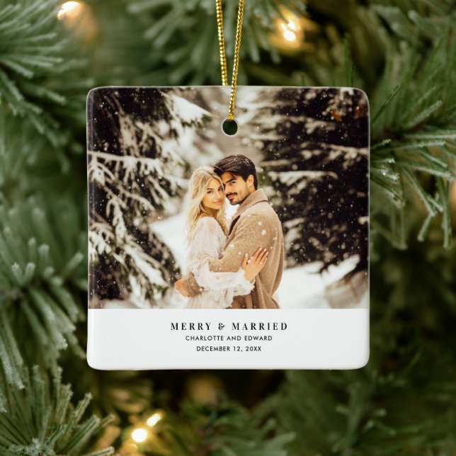 Modern Minimalist Photo Merry & Married  Ceramic Ornament (Tree)