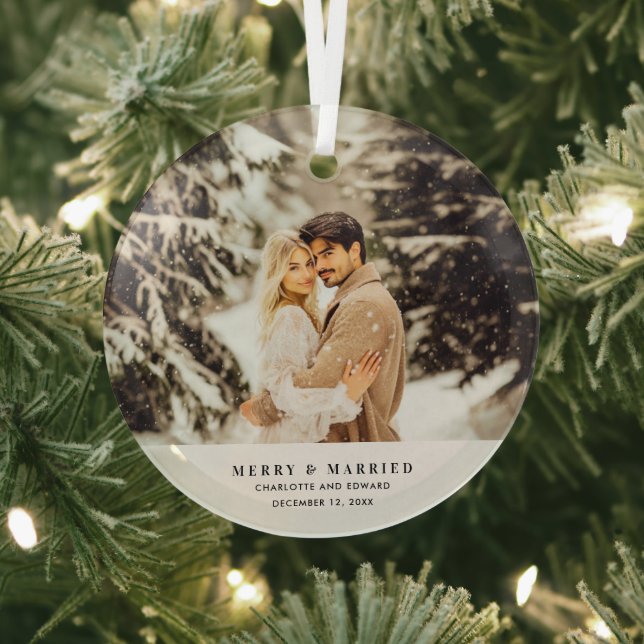 Modern Minimalist Photo Merry & Married  Glass Ornament (Insitu)