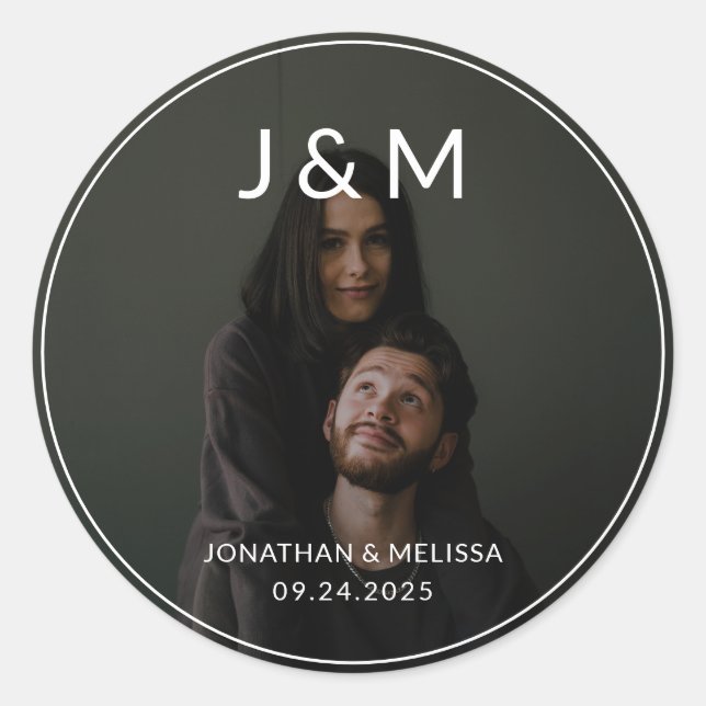 Modern Minimalist Photo Monogram Wedding Classic Round Sticker (Front)