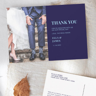 Modern Minimalist Photo Navy Blue Wedding Thank You Card