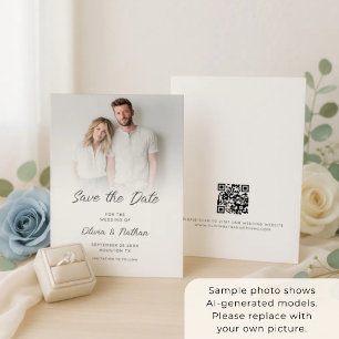 Modern Minimalist Photo Overlay QR Code Wedding Save The Date