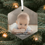 Modern Minimalist Photo Overlay White Text Hexagon Glass Ornament<br><div class="desc">Celebrate the simple joys of the holidays with a custom photo hexagon-shaped glass ornament. Picture and all text on this template are easy to customize to include any wording, such as Merry Christmas, My First Xmas, Best Friends, kids & family names, etc. (IMAGE PLACEMENT TIP: An easy way to centre...</div>