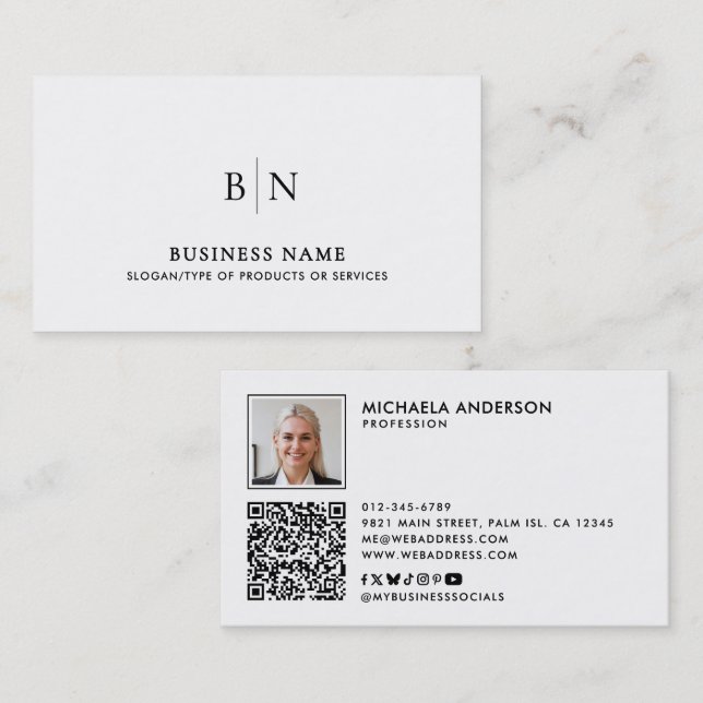 Modern Minimalist Photo QR Code & Social Media Business Card (Front/Back)