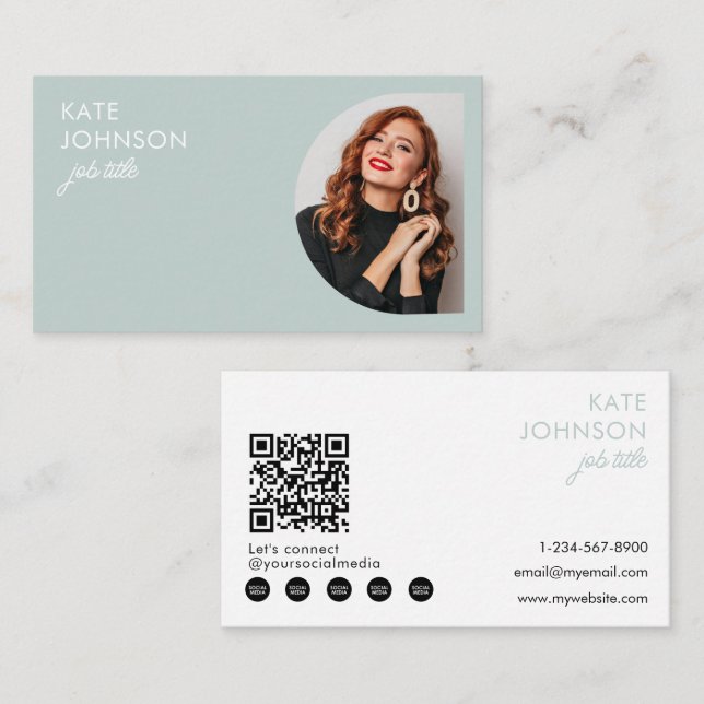 Modern Minimalist Photo Sage Green QR Code Business Card (Front/Back)