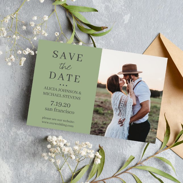 Modern minimalist photo sage wedding save date print (Creator Uploaded)