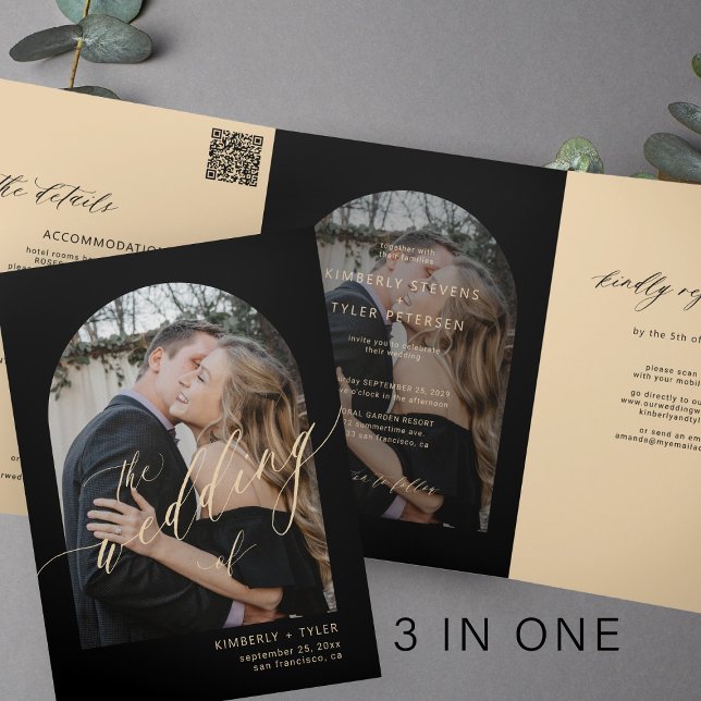 Modern minimalist photo wedding rsvp details black Tri-Fold invitation (Creator Uploaded)