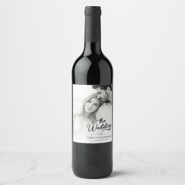 Modern Minimalist Photo Wedding Wine Label (Front)