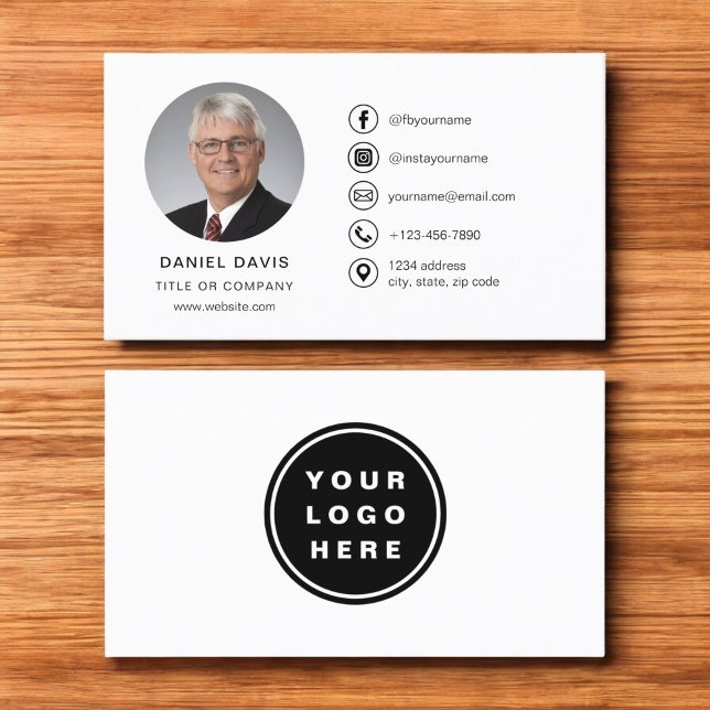Modern Minimalist Photo with Social Media Icons Business Card (Creator Uploaded)