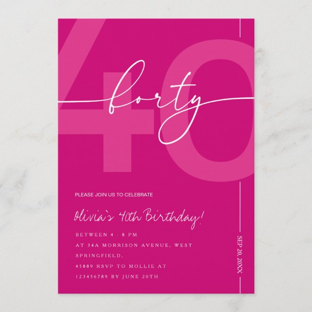 Modern Minimalist Pink 40th Birthday Party Invitation (Front)