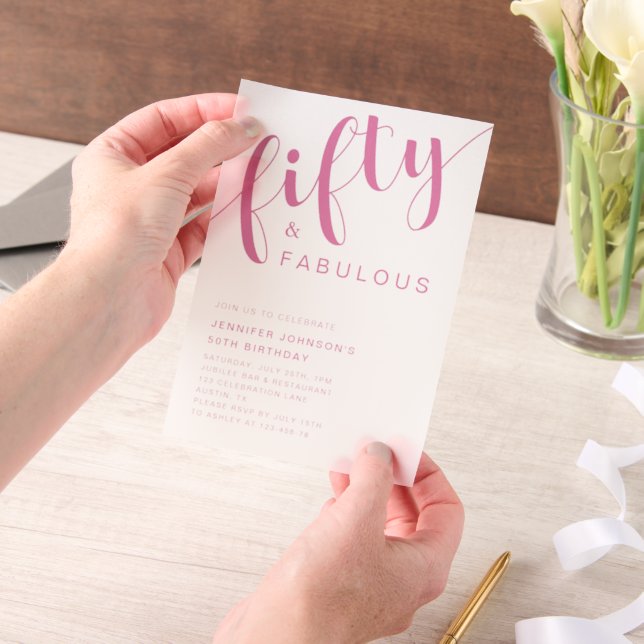 Modern Minimalist Pink 50th Birthday  Vellum Invitations (Handheld)