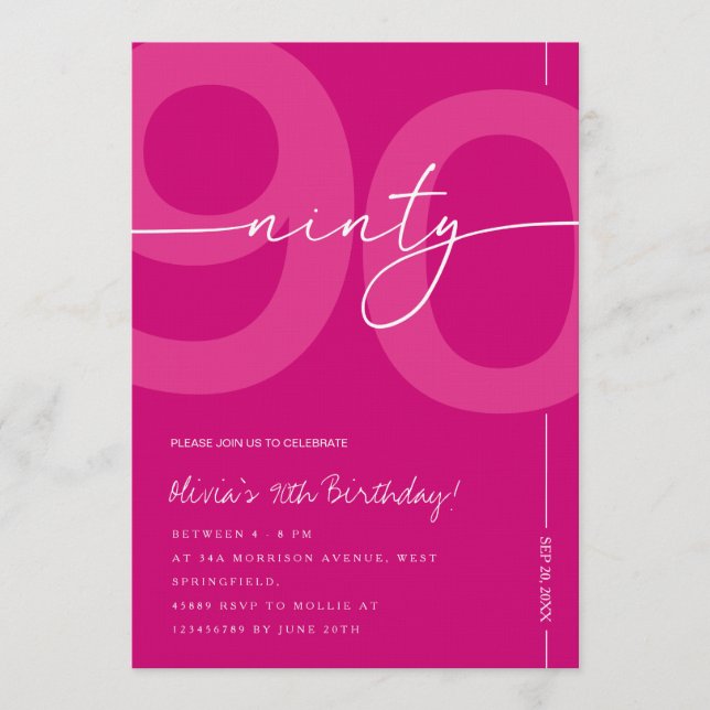Modern Minimalist Pink 90th Birthday Party Invitation (Front)