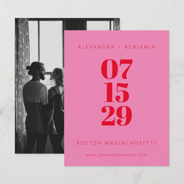Modern Minimalist Pink and Red Full Photo  Save The Date (Front/Back)