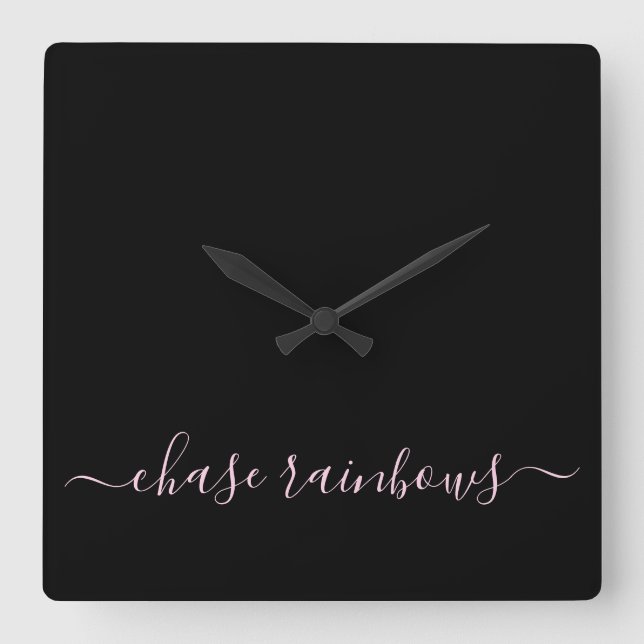 Modern Minimalist Pink & Black CHASE RAINBOWS Square Wall Clock (Front)