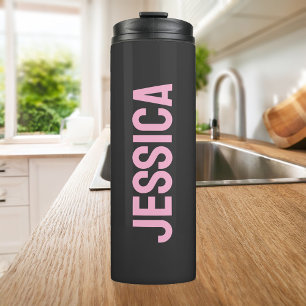 Modern Minimalist Pink Black Personalized Name Thermal Tumbler
