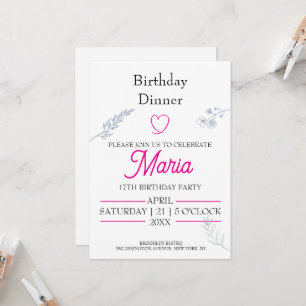 Modern Minimalist pink Heart Birthday Dinner Invitation
