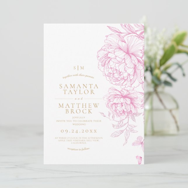 Modern Minimalist Pink Peonies Wedding Invitation (Standing Front)