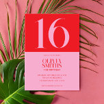 Modern Minimalist Pink Red 16th Birthday Invitation<br><div class="desc">Modern minimalist 16th birthday invitation featuring simple design with elegant chic typography in pink and red colour.</div>