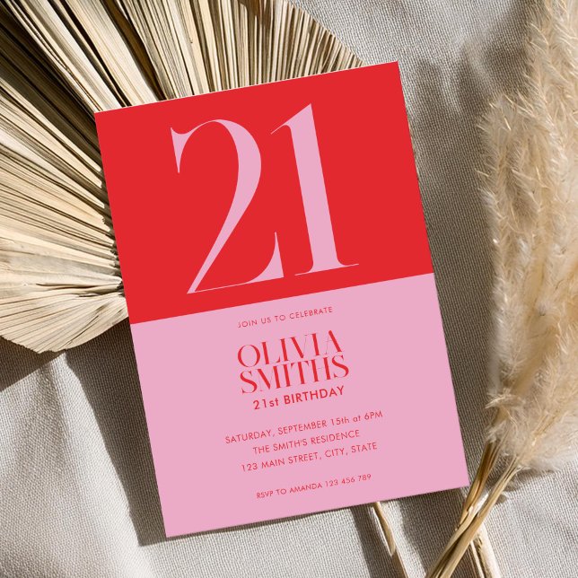 Modern Minimalist Pink Red 21st Birthday Invitation (Creator Uploaded)