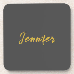 Modern Minimalist Plain Calligraphy Name Grey Gold Coaster