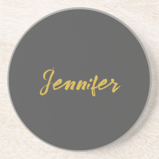 Modern Minimalist Plain Calligraphy Name Grey Gold Coaster