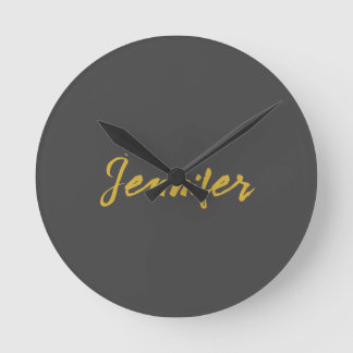 Modern Minimalist Plain Calligraphy Name Grey Gold Round Clock