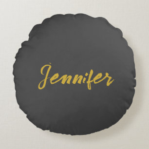 Modern Minimalist Plain Calligraphy Name Grey Gold Round Pillow