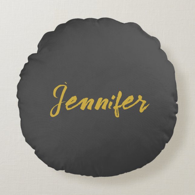 Modern Minimalist Plain Calligraphy Name Grey Gold Round Pillow (Front)