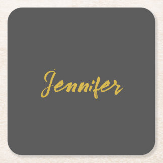 Modern Minimalist Plain Calligraphy Name Grey Gold Square Paper Coaster