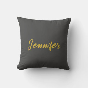 Modern Minimalist Plain Calligraphy Name Grey Gold Throw Pillow