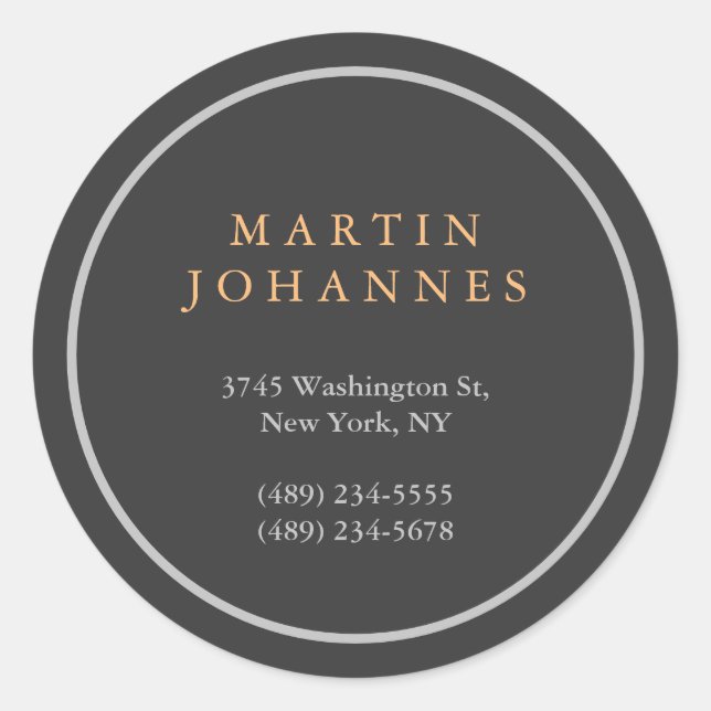 Modern Minimalist Plain Elegant Grey Name Address Classic Round Sticker (Front)