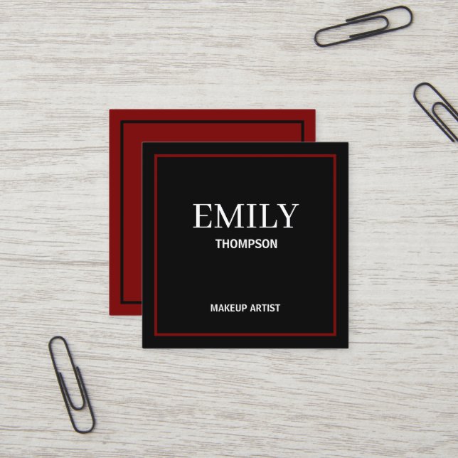 Modern Minimalist Professional Makeup Artist Black Square Business Card (Front/Back In Situ)