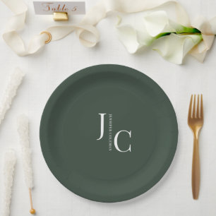 Modern Minimalist Professional Monogram Dark Green Paper Plate