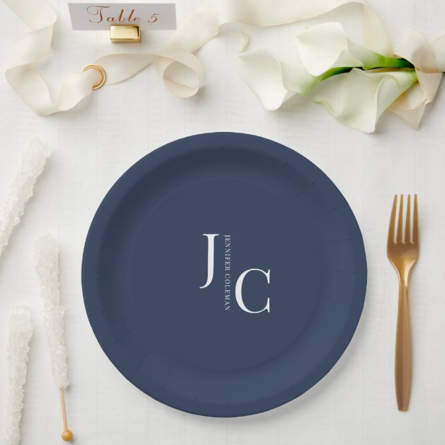 Modern Minimalist Professional Monogram Navy Blue Paper Plate (Wedding)