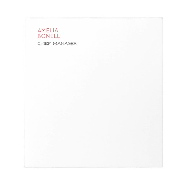 Modern Minimalist Professional Plain Red White Notepad (Front)