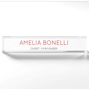 Modern Minimalist Professional Plain White Red Nameplate