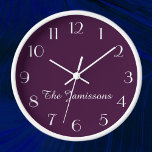 Modern Minimalist Purple and White Name Wall Clock<br><div class="desc">CHOOSE YOUR OWN BACKGROUND COLOR to decorate this personalized wood framed wall clock. Default is purple. You can easily change the text and background colour - or keep my modern minimalist aubergine and white design. What a unique gift for an engagement, wedding, bridal shower, or new home. Fits well in...</div>