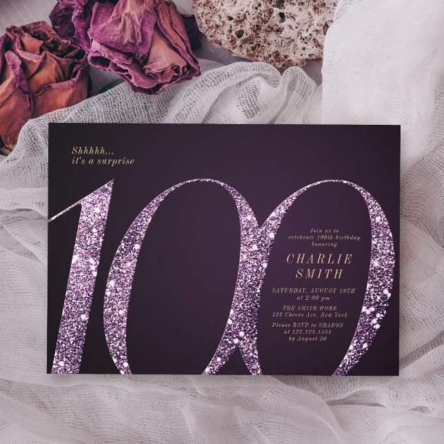 Modern minimalist purple glitter 100th birthday invitation (Modern minimalist purple glitter 100th birthday invitation)